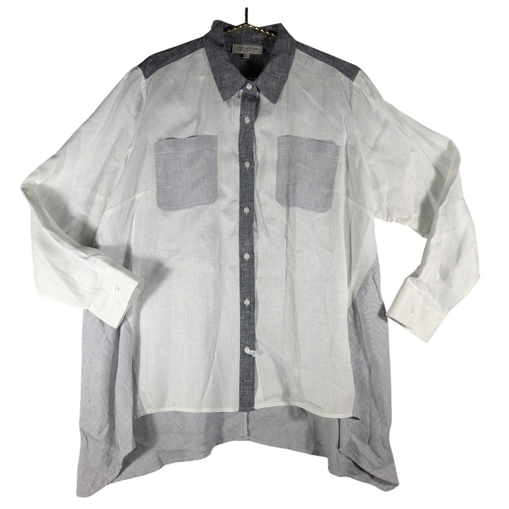 Jones New York Sport Woman White Gray Color 100% Linen Button Down Shirt 2X